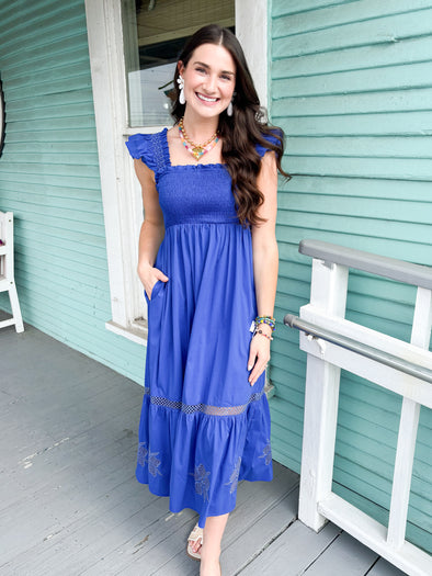 The Williams Embroidered Midi Dress-Cobalt