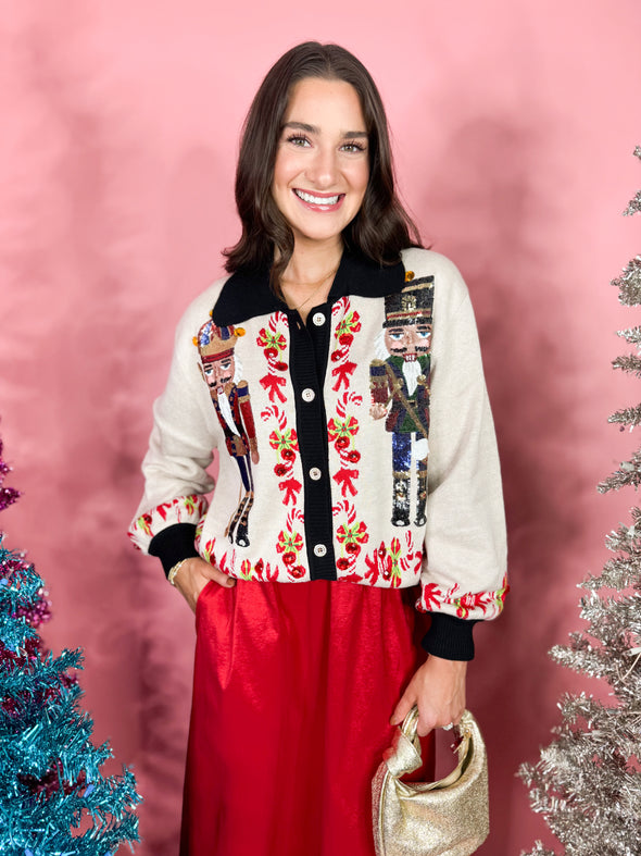 (Queen of Sparkles) The Nutcracker & Candy Cane Cardigan-White