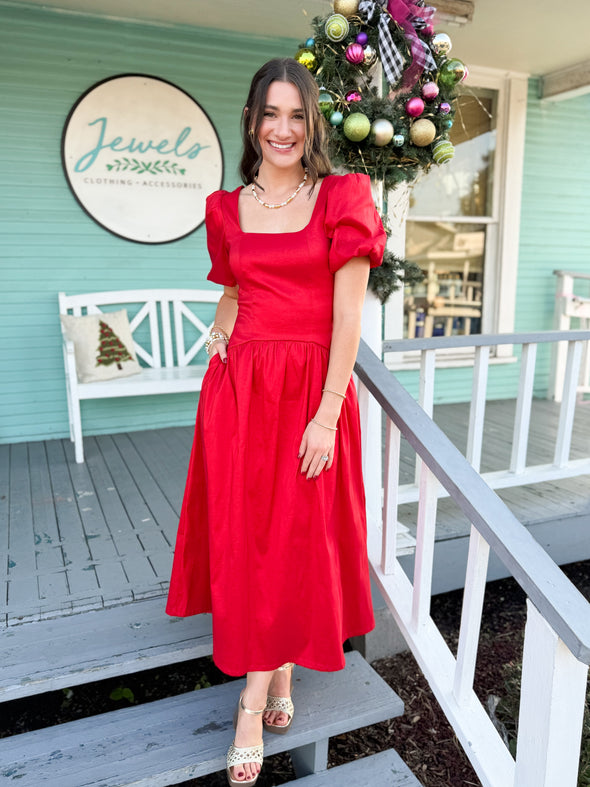 The Leah Square Neck Puff Midi Dress-Red