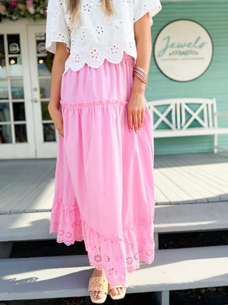 The Betsy Eyelet Midi Skirt-Pink