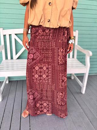 The Henly Printed Midi Skirt-Wine