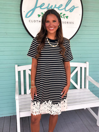 The Amelia Stripe Lace Dress-Black