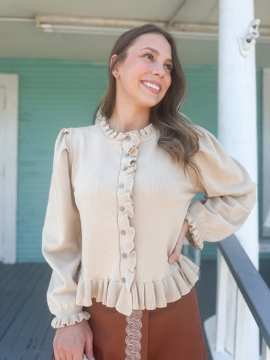 The Elane Ruffle Sweater-Ecru
