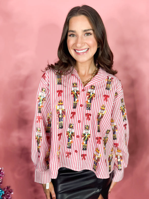 (Queen of Sparkles) Scattered Nutcracker & Bow Top-Red