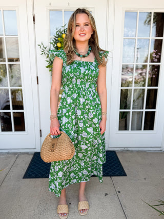 The Heidi Smocked Floral Midi Dress-Green