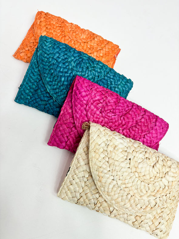 orange raffia clutch, blue raffia clutch, pink raffia clutch, natural raffia clutch