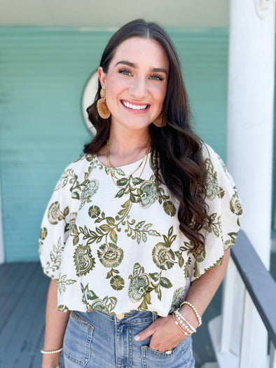 The Helena Floral Bubble Top-Olive