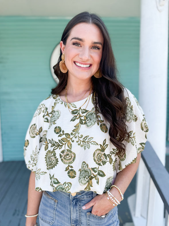The Helena Floral Bubble Top-Olive