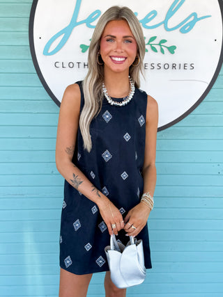 The Hanson Embroidered Suede Dress-Navy