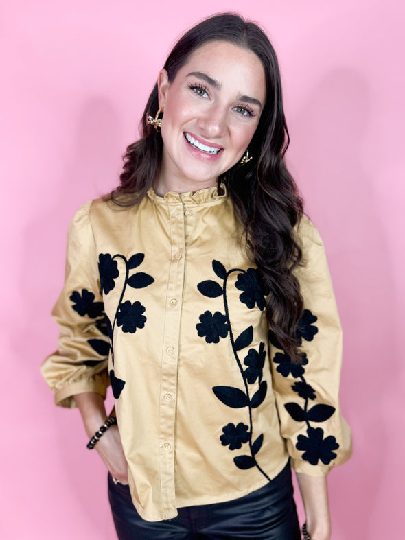 The Kevin Flower Embroidered Top-Tan