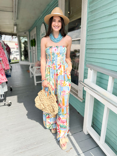 The Luna Printed Strapless Jumpsuit-Orange