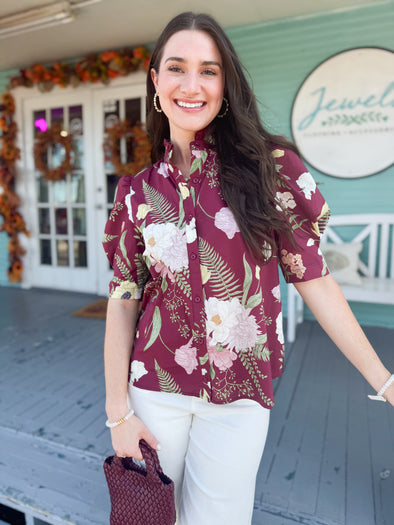 The Jimmy Floral Top-Merlot