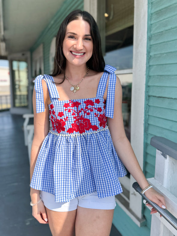 (THML) The Scarlett Floral Tie Tank-Blue