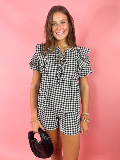 black and white gingham short set 