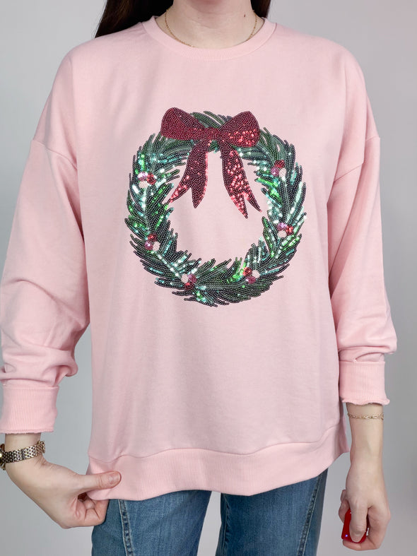The Clara Wreath Sequin Sweatshirt-Pink