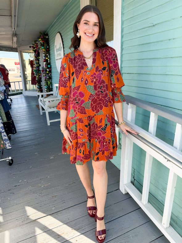 The Ash Floral Shift Mini Dress-Rust