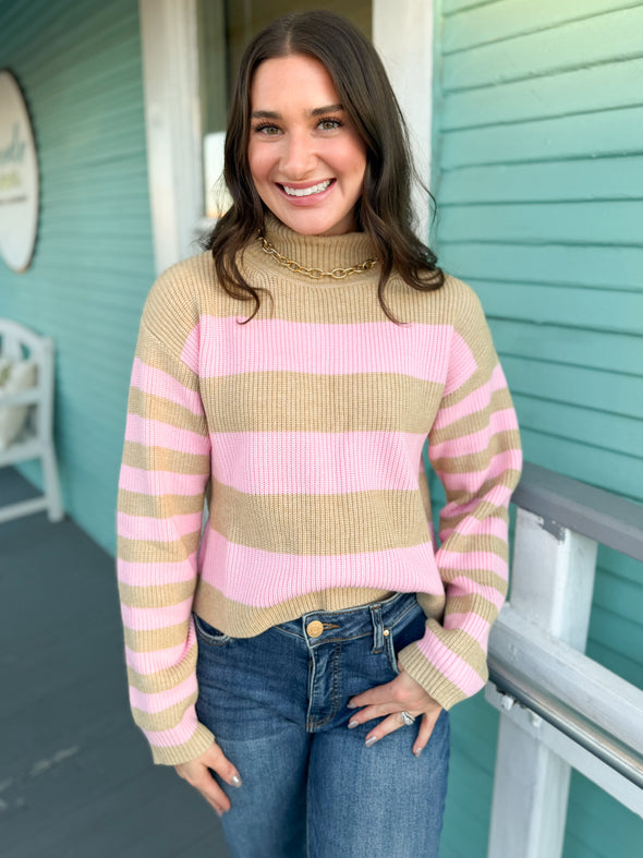 The Ainsley Striped Sweater-Taupe/Pink