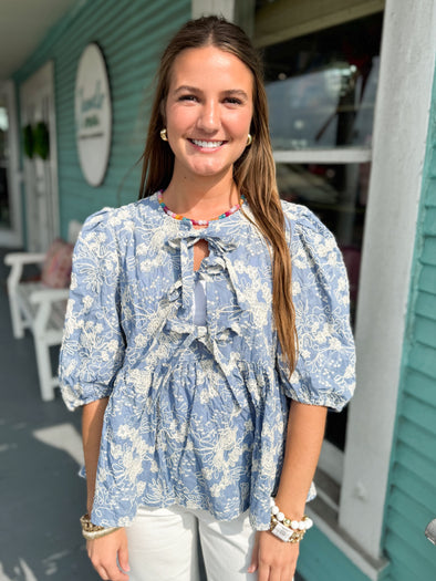 The Dillion Floral Bow Top-Blue