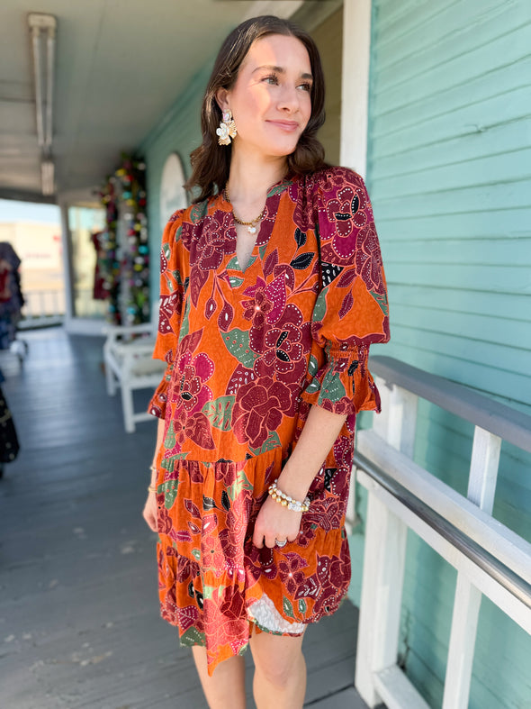 The Ash Floral Shift Mini Dress-Rust