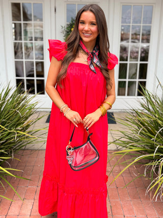 red maxi with ruffle sleeves