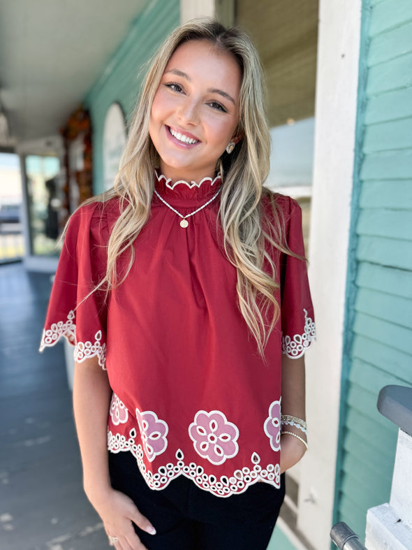 The Bailey Embroidered Top-Brick
