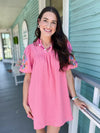 coral embroidered sleeve dress