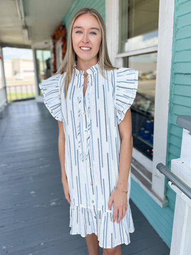 blue and white thml dress