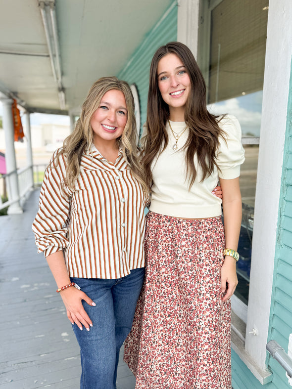 (THML) The Lindsey Stripe Top-Brown