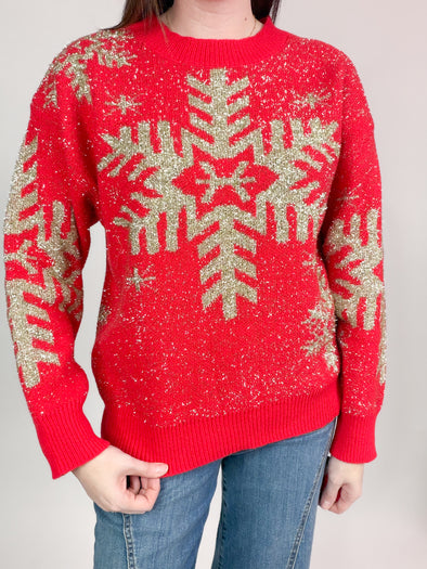 The Mattie Snowflake Sweater-Red
