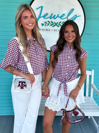 The Sabine Gingham Collar Tie Top-Burgundy
