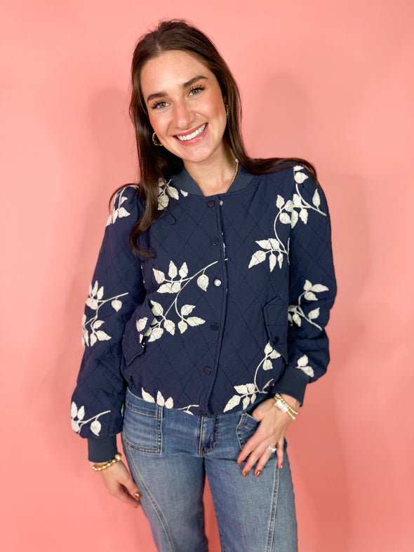 The Stacy Floral Quilted Jacket-Navy