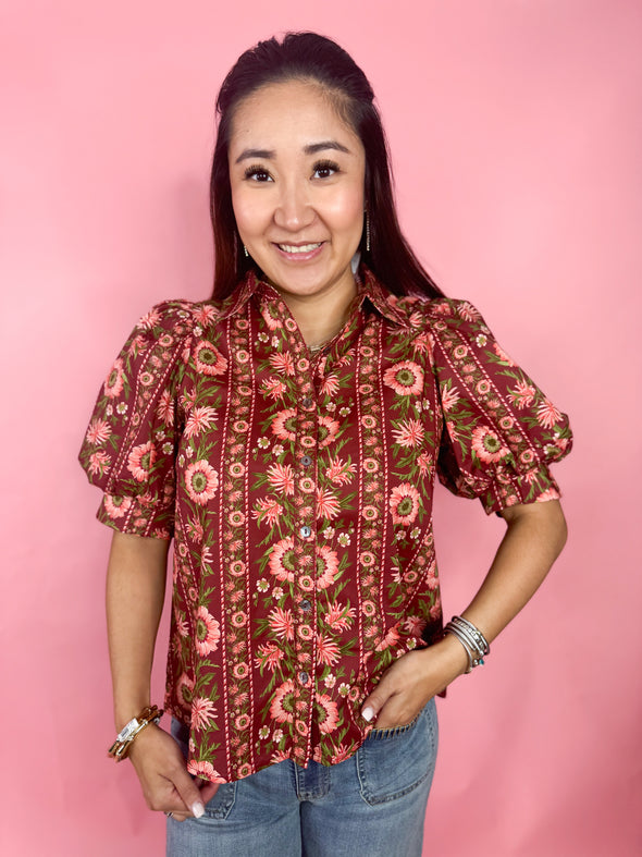 The Shane Floral Top-Burgundy