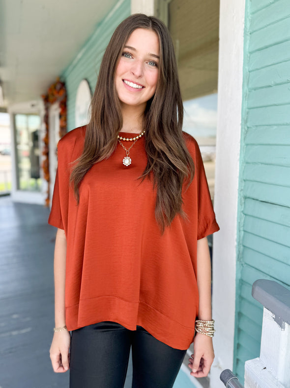 The Aubrey Placket Midi Sleeve Top-Rust