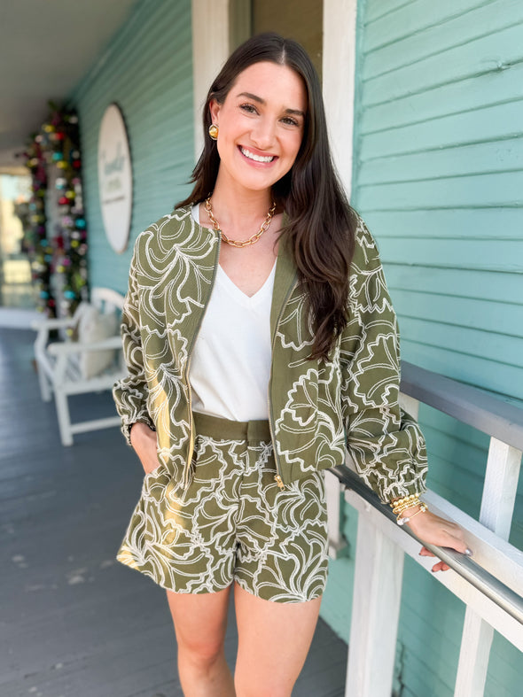 The Bellina Embroidered Floral Set-Olive