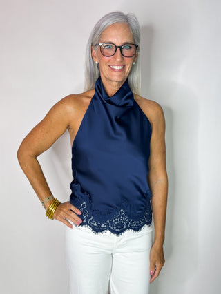 navy satin top with lace