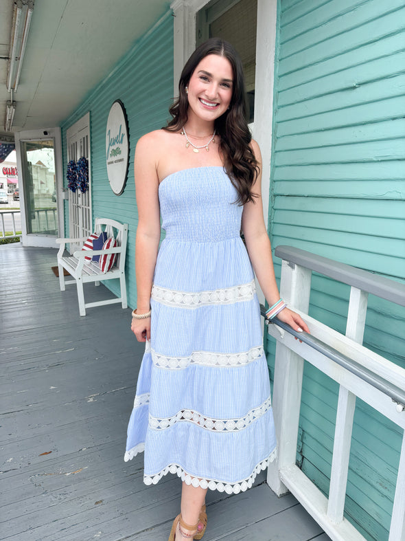 The Pennie Stripe Strapless Midi Dress-Blue