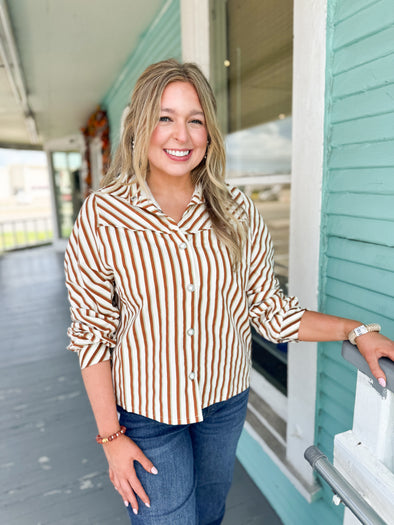 brown stripe western THML top with pearl snaps 