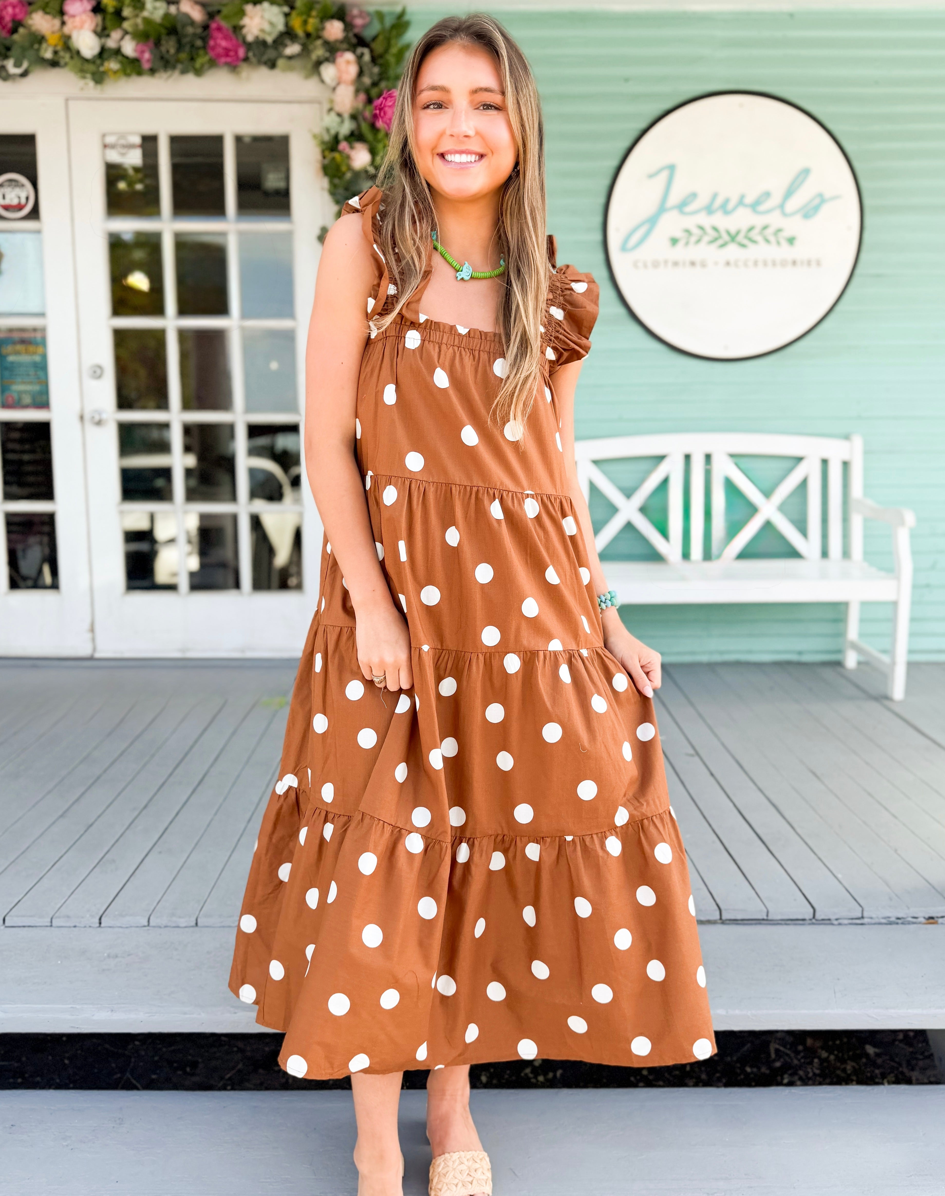 brown polka dot midi dress (THML) The Mario Polka Dot Midi Dress-Brown M