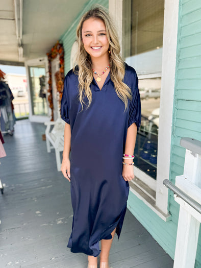 The Blakely Satin Midi Dress-Navy
