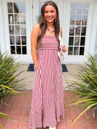 The Selena Striped Midi Dress-Maroon