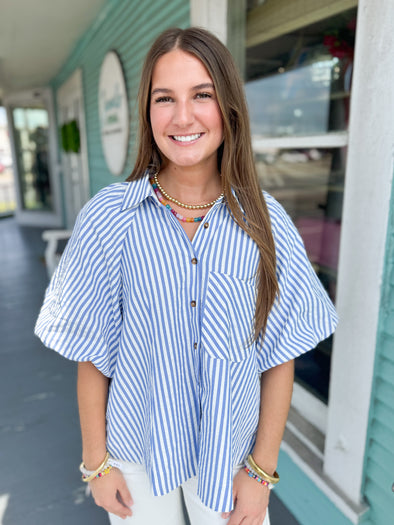The Emmy Stripe Bubble Sleeve Top-Blue