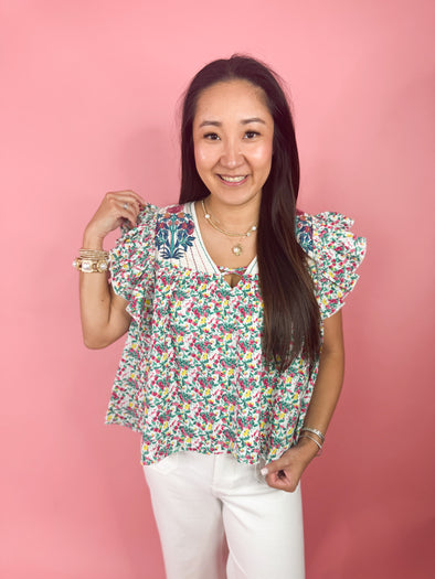 (THML) The Miley Floral Top-Teal