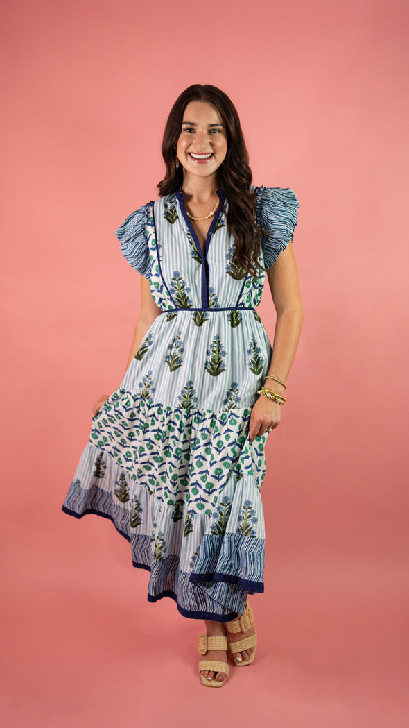 (THML) The Rhonda Floral Midi Dress-Blue