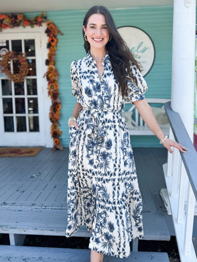 The Colson Floral Midi Dress-Blue