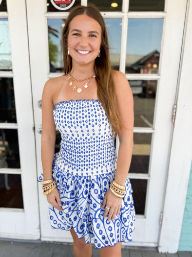 The Gracie Embroidered Strapless Dress-Blue