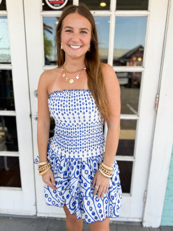 The Gracie Embroidered Strapless Dress-Blue