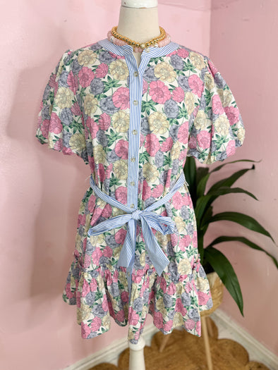 The Cece Floral Button Down Dress-Cream