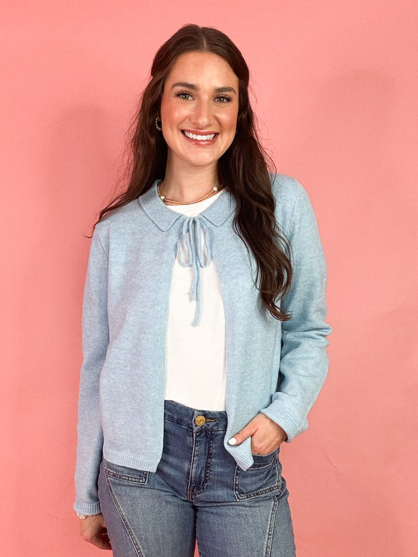 The Sherry Bow Tie Cardigan-Blue