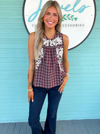 (THML) The Shanna Embroidered Plaid Top-Burgundy