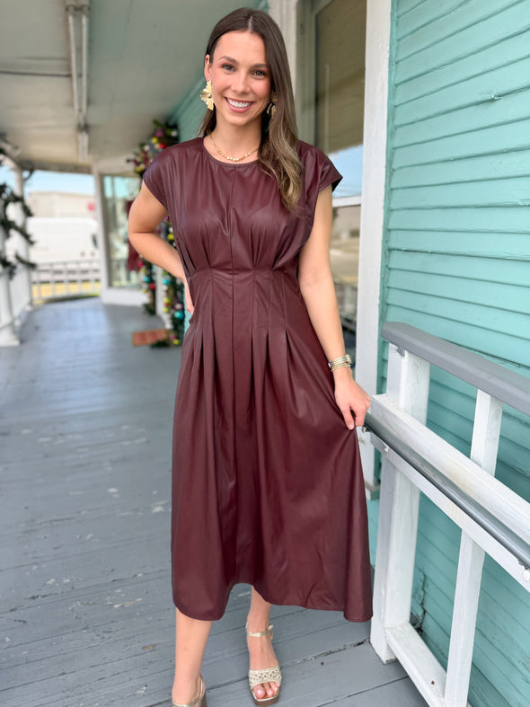 burgundy leather midi dress